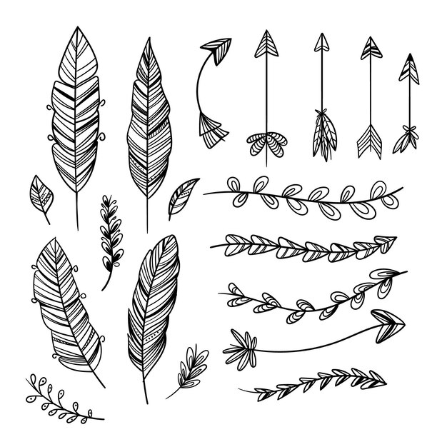 Coleção de elementos boho desenhados à mão para gravura