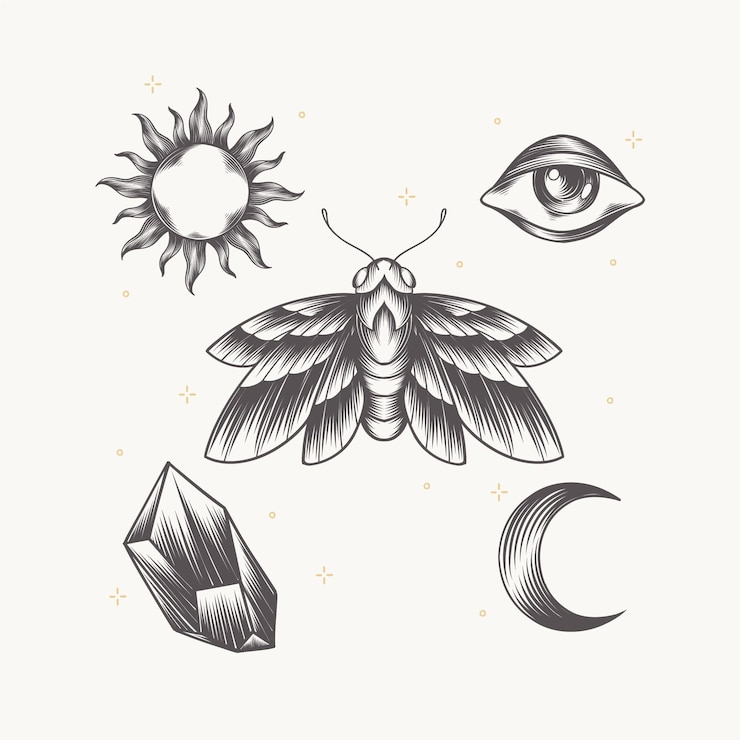 Vetor grátis coleção de elementos boho desenhados à mão para gravura