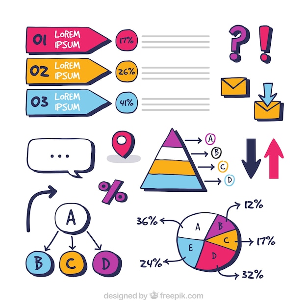 Coleção de elementos coloridos infográfico na mão desenhada estilo