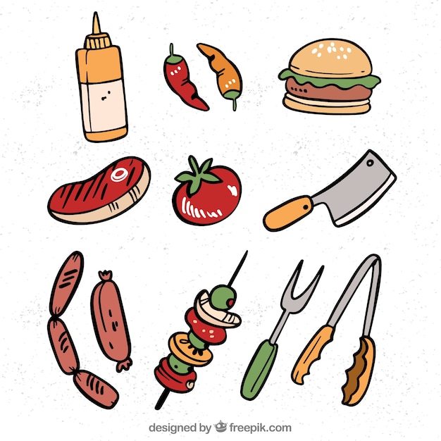 Coleção de elementos de churrasco com comida e ferramentas