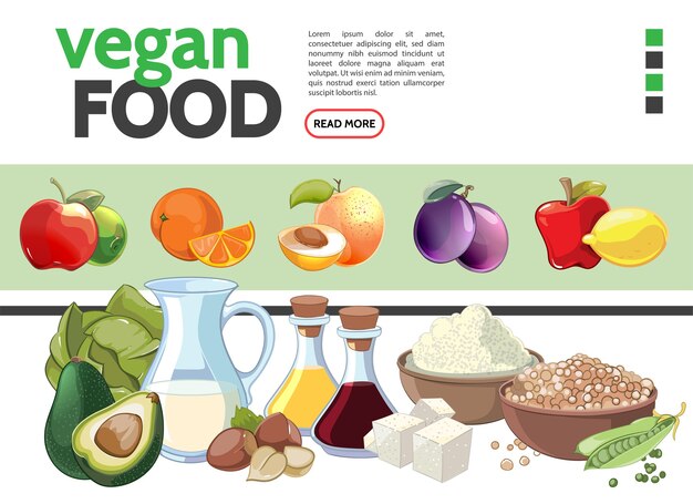 Coleção de elementos de comida vegetariana de desenho animado