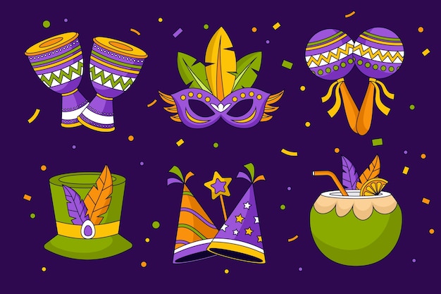 Vetor grátis coleção de elementos de design desenhados à mão para a celebração do carnaval brasileiro