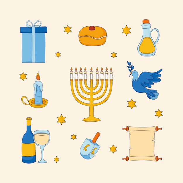 Vetor grátis coleção de elementos de design desenhados à mão para celebração de hanukkah