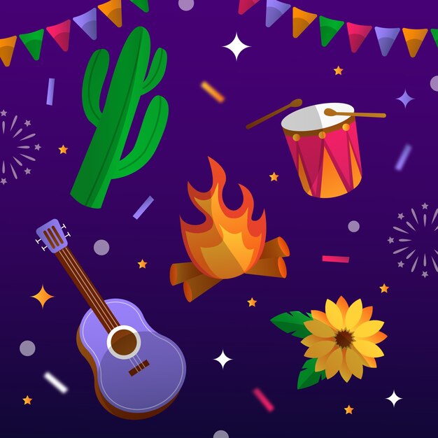 Coleção de elementos de design gradiente para celebrações de festas juninas brasileiras