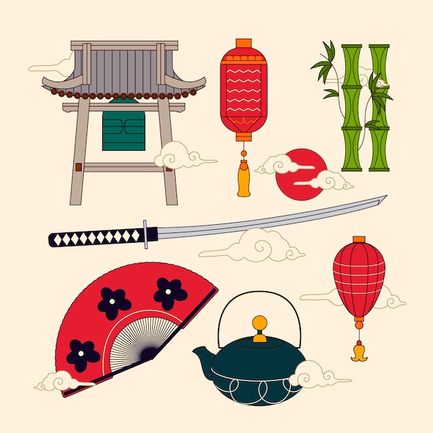 Vetor grátis coleção de elementos de design plano antigo do japão