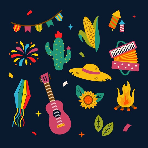 Coleção de elementos de design plano para celebração de festas juninas brasileiras