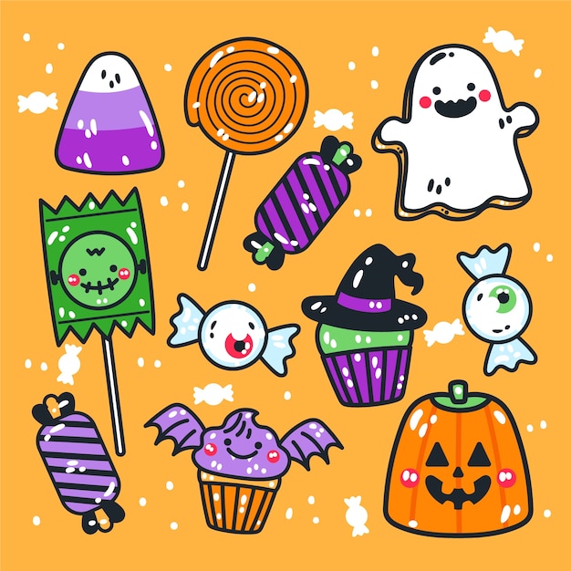 Coleção de elementos de doces de halloween desenhada à mão