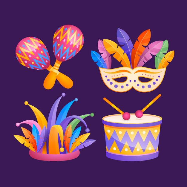 Coleção de elementos de festa de carnaval gradiente
