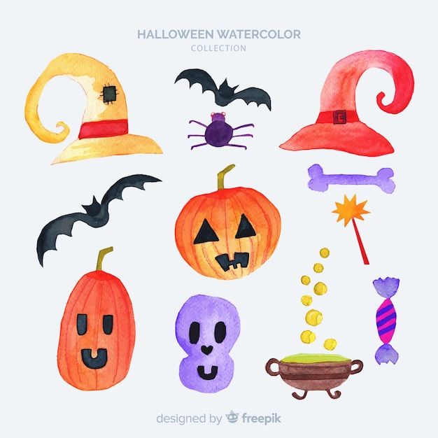 Coleção de elementos de halloween em aquarela