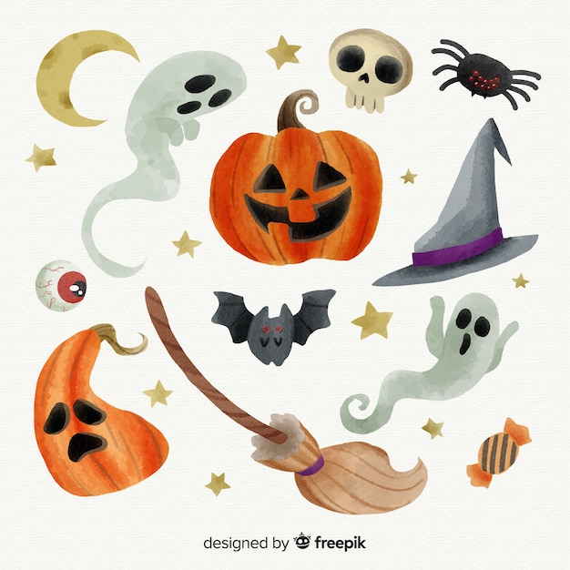 Coleção de elementos de halloween em aquarela