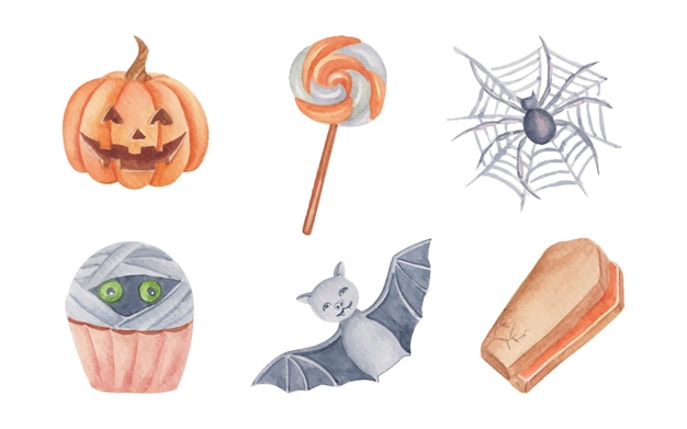 Coleção de elementos de halloween em aquarela