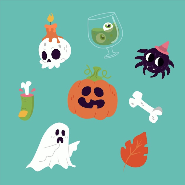 Coleção de elementos de halloween plana desenhada à mão