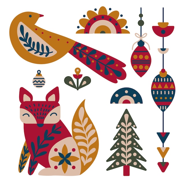 Vetor grátis coleção de elementos de natal escandinavos desenhados à mão