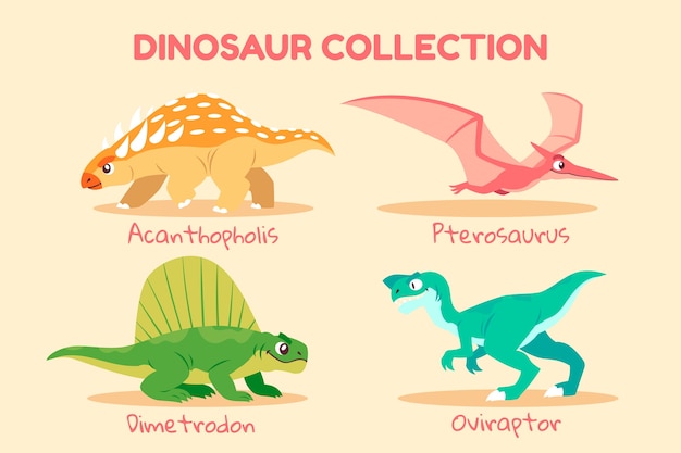 Coleção de elementos de nomes de dinossauros desenhados à mão