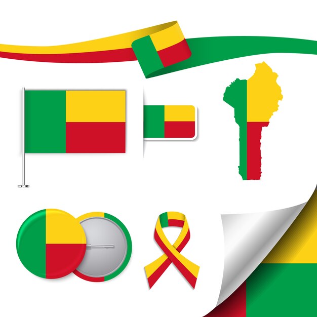 Coleção de elementos de papelaria com a bandeira do design de benin