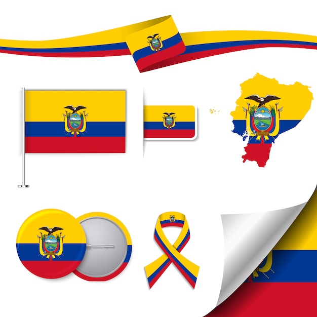 Coleção de elementos de papelaria com a bandeira do design do equador
