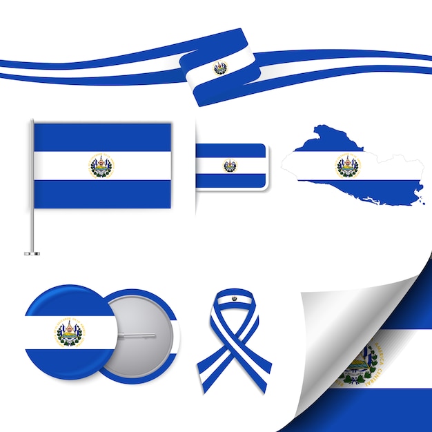 Coleção de elementos de papelaria com a bandeira do design salvadorenho
