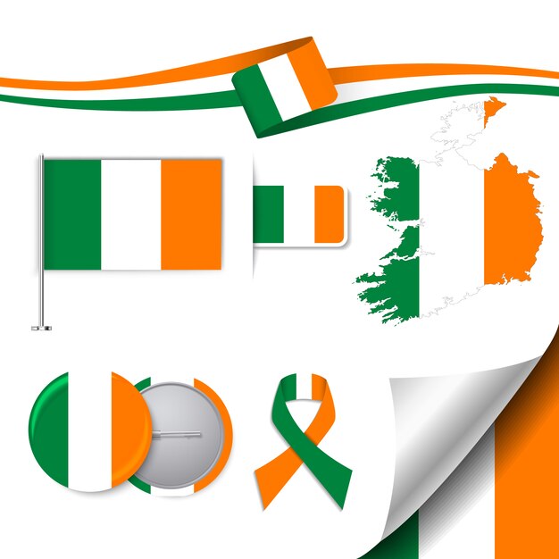 Coleção de elementos de papelaria com bandeira do design irlandês