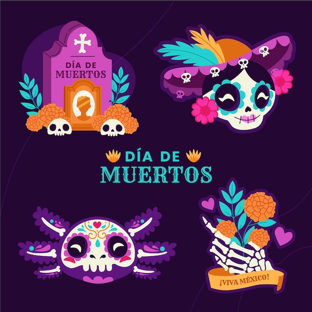 Coleção de elementos de personagem plana dia de muertos