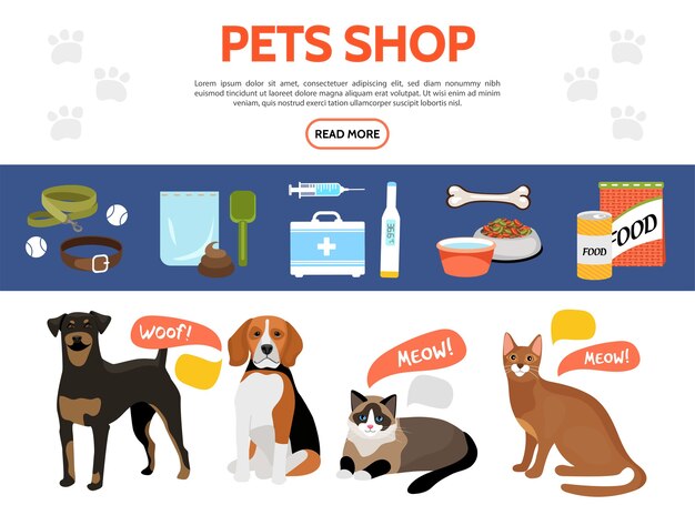 Coleção de elementos de pet shop plana com cães fofos, gatos, comida de animais, coleira e equipamento médico