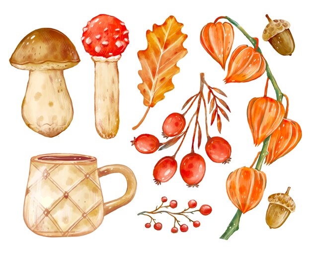 Coleção de elementos de temporada de outono em aquarela