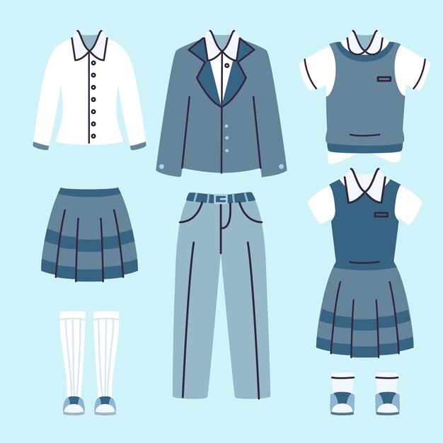 Coleção de elementos de uniforme escolar desenhado à mão