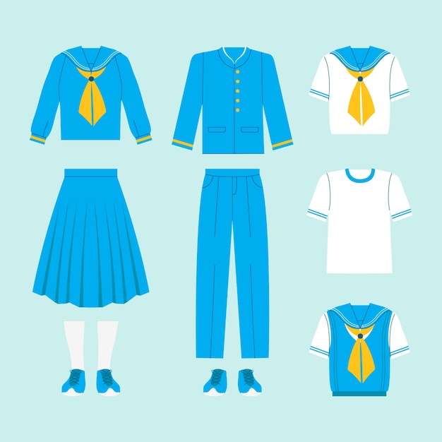 Coleção de elementos de uniforme escolar desenhado à mão