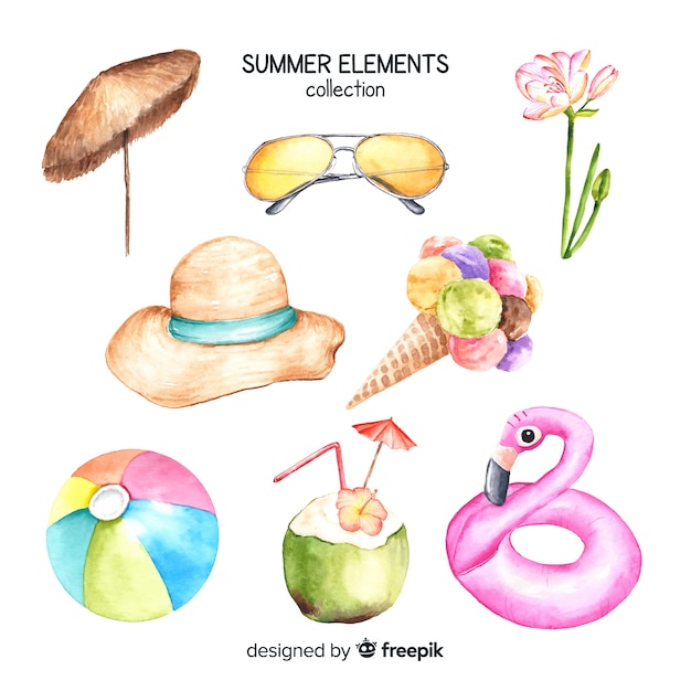 Coleção de elementos de verão em aquarela