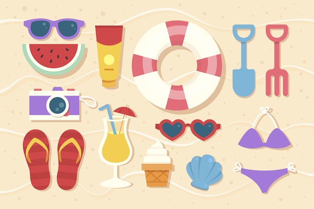 Coleção de elementos de verão plana