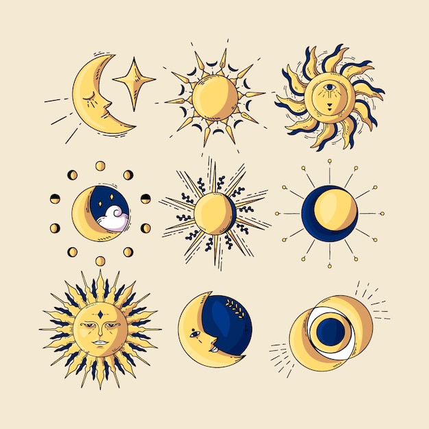 Coleção de elementos esotéricos de sol e lua desenhados à mão