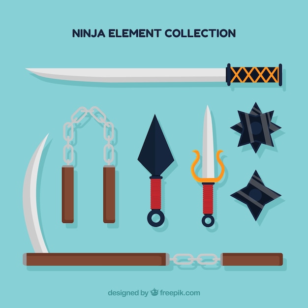 Coleção de elementos ninja colorido com design plano