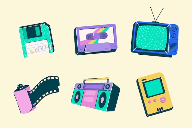 Coleção de elementos nostálgicos desenhados à mão dos anos 90
