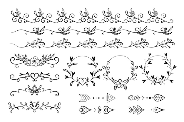 Coleção de elementos ornamentais desenhada à mão