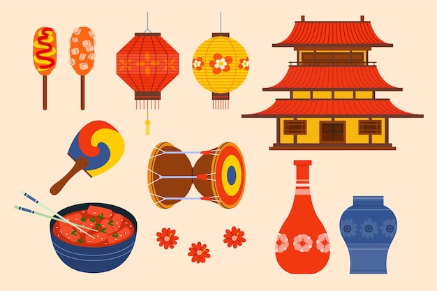 Vetor grátis coleção de elementos tradicionais coreanos desenhados à mão