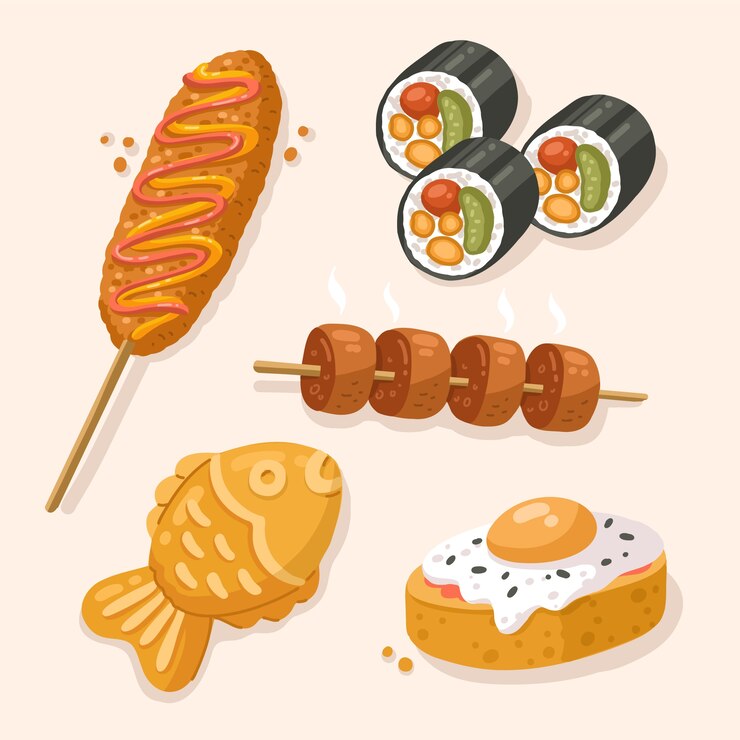 Vetor grátis coleção de elementos tradicionais de comida coreana desenhada à mão