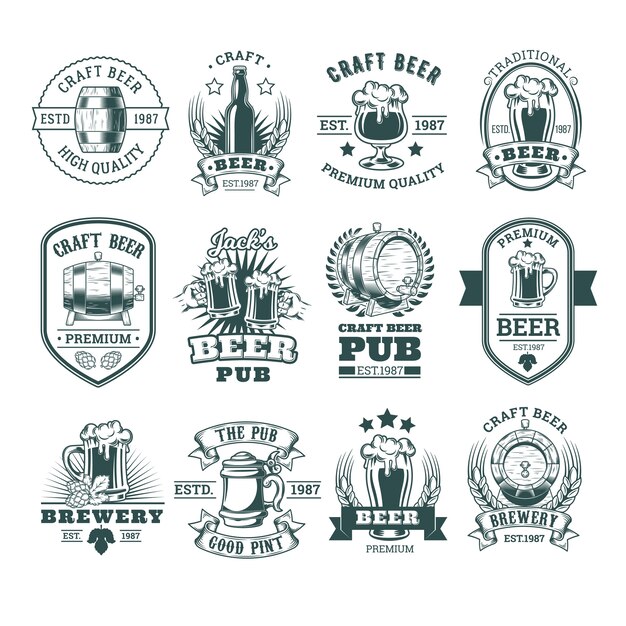 Coleção de emblemas de cerveja retro, emblemas, adesivos