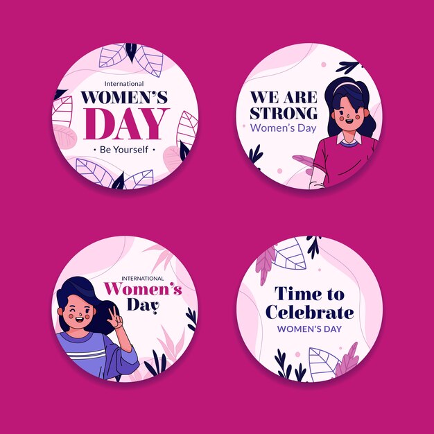 Coleção de emblemas do dia internacional da mulher desenhada à mão