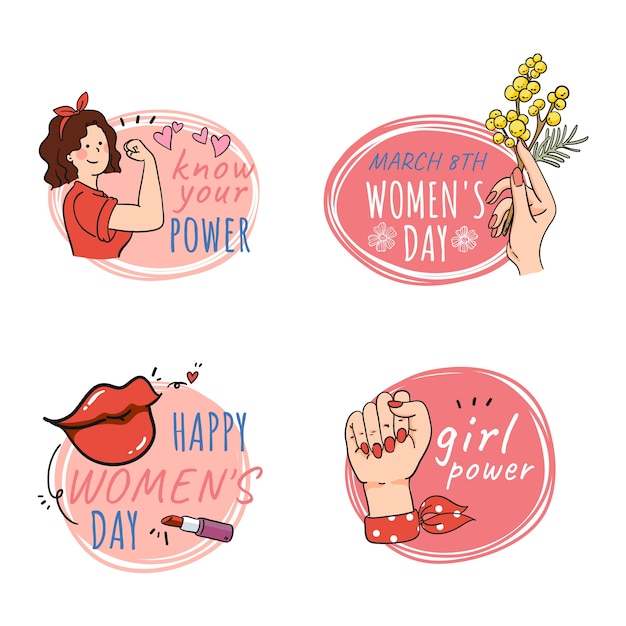 Coleção de emblemas do dia internacional da mulher desenhada à mão