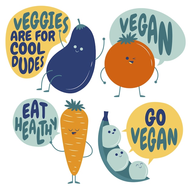 Coleção de emblemas vegetarianos planos desenhados à mão