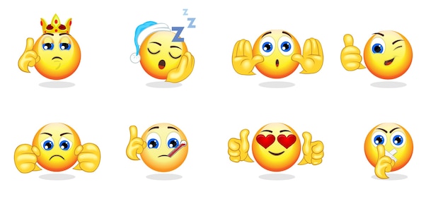 Coleção de emoticons brilhantes dos desenhos animados com gestos manuais e diferentes emoções, sentimentos e expressões isolados