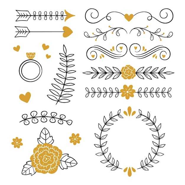 Coleção de enfeites de casamento desenhada à mão