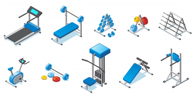Coleção de equipamentos de fitness isométrico com halteres esteira e halteres bicicleta ergométrica e diferentes treinadores isolados