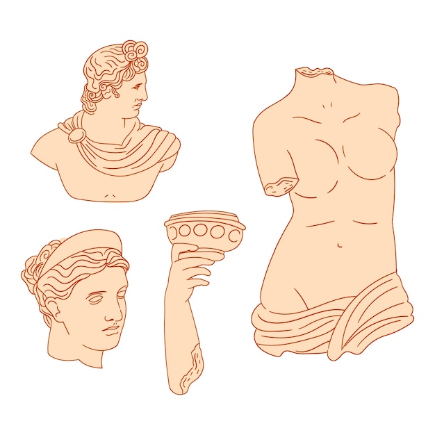 Vetor grátis coleção de estátuas gregas desenhadas à mão