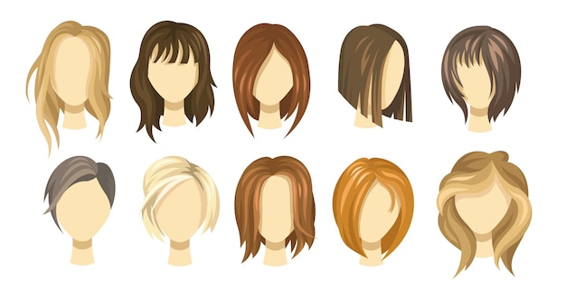 Coleção de estilo de cabelo feminino. Cortes de cabelo loiros, castanhos e ruivos para meninas