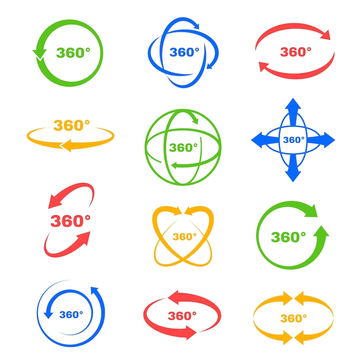 Vetor grátis coleção de etiquetas de 360 graus de design plano