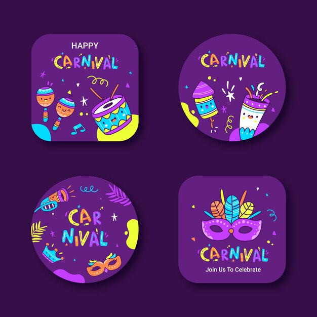 Coleção de etiquetas de celebração de carnaval desenhadas à mão
