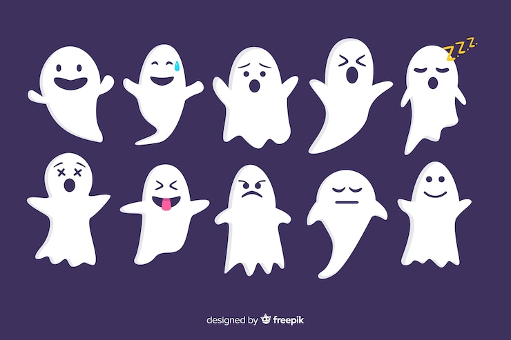 Vetor grátis coleção de fantasma de halloween plana no fundo violeta