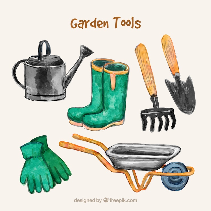 Vetor grátis coleção de ferramentas de jardim watercolor