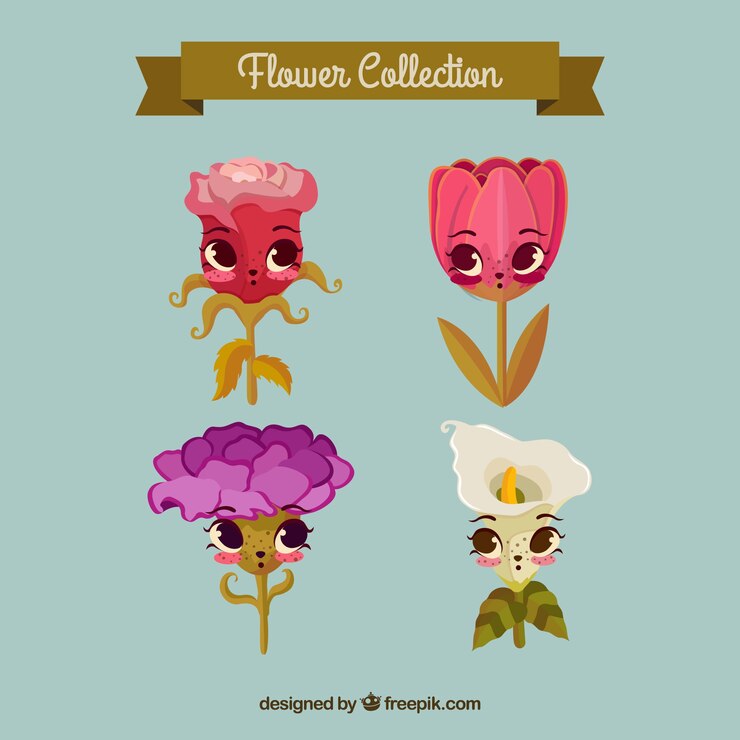 Vetor grátis coleção de flores coloridas com haste em estilo simples