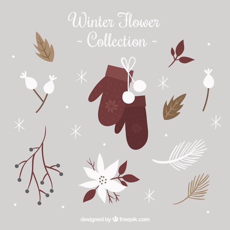 Vetor grátis coleção de flores de inverno com luvas